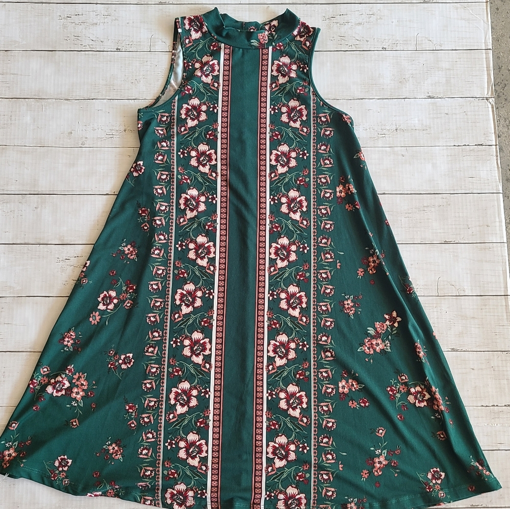 Living Doll Los Angeles Green Floral Sleeveless Mock Neck Trapeze Dress XS